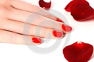 Beautiful female finger nails with red nail closeup on petals. P