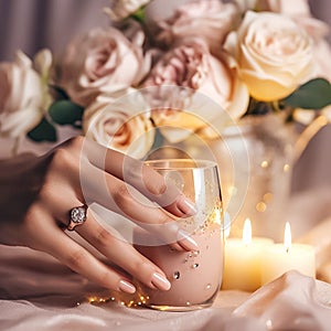 Beautiful female hand with nail polish manicure and wedding ring, rose flowers bouquet on background. Romantic dinner close-up