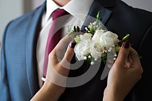 Beautiful female hands adjust the boutonniere on the jacket. Bride adjusting beautiful groom`s boutonniere