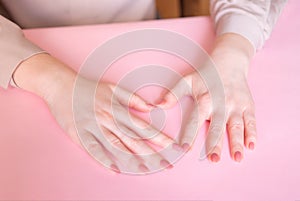 Beautiful female hands. Application Cream, Lotion. Spa and manicure concept