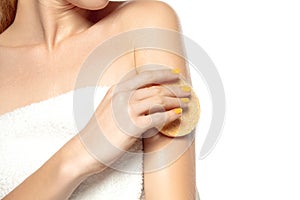 Beautiful female hands isolated on white background. Beauty, cosmetics, spa, depilation, diet, treatment and fitness