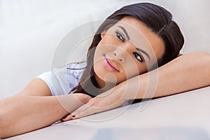 Beautiful Female Latina Hispanic Young Woman Girl Resting on Her Hands