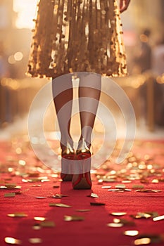 Beautiful female legs on the red carpet. Selective focus.