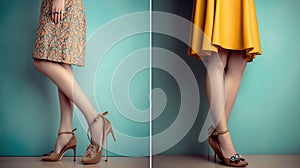 Beautiful female legs wearing summer shoes in brown yellow designers dress and blue mint woman clutch, generative ai