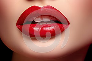 Beautiful female lips with red lipstick. Close-up shot. Generative AI