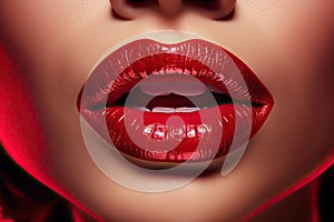 Beautiful female lips with red lipstick. Close-up shot. Generative AI