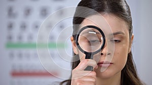 Beautiful female looking through magnifying glass, fundus examination, checkup