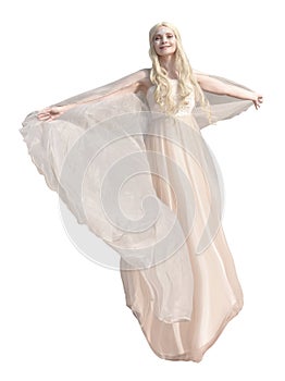 Beautiful female model portraying an angel with a floaty cape on both a white and a transparent background.