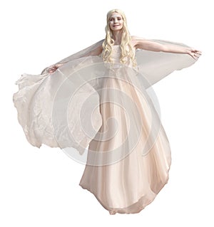 Beautiful female model portraying an angel with a floaty cape on both a white and a transparent background.