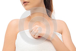 Beautiful female neck and chest isolated on white background. Beauty, cosmetics, spa, depilation, treatment and fitness