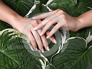 Beautiful Female Palms with Perfect French Manicure. Natural Cosmetic for Hand Care. Light Nails Polish, Clean Soft Skin