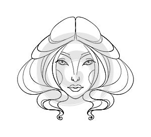 Beautiful female portrait icon, young woman s face, hand linear drawing, Virgo zodiac sign. Vector illustration isolated