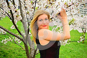 Beautiful female posing in the sakura garden