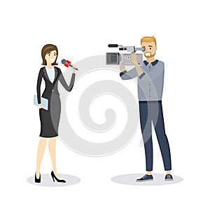 Beautiful female reporter with microphone and cameraman isolated on white background