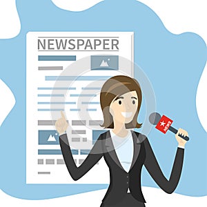 Beautiful female reporter with microphone, newspaper on background. Breaking news review. Journalist makes a report