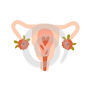 Beautiful female reproductive system with flowers and heart. Feminine gynecology