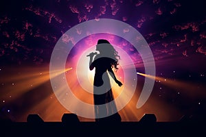 Beautiful female singer silhouette sings on stage in light show