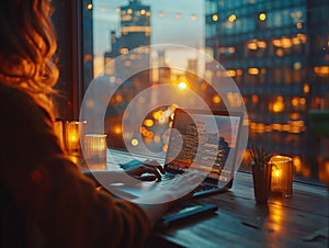 Beautiful Female Using Laptop Computer, beautiful view of the evening city in the background