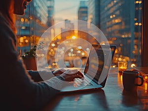 Beautiful Female Using Laptop Computer, beautiful view of the evening city in the background