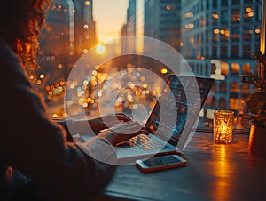 Beautiful Female Using Laptop Computer, beautiful view of the evening city in the background