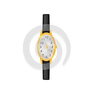 Beautiful female wrist watch with oval golden frame and black leather strap. Elegant women accessory. Flat vector icon