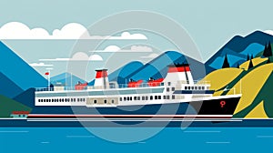 Beautiful Ferry Illustration With Scenic Water And Mountains