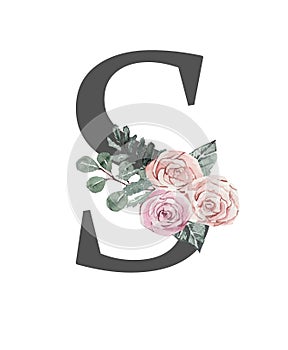 Beautiful festive alphabet decorated with pink delicate roses