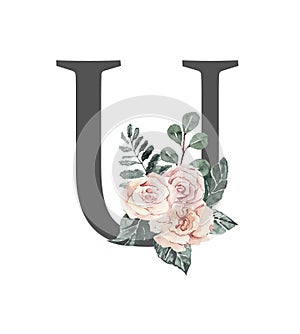 Beautiful festive alphabet decorated with pink delicate roses