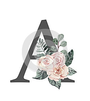 Beautiful festive alphabet decorated with pink flowers, wedding letters, postcard template