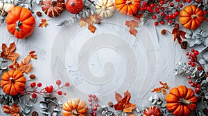 Festive Autumn Decor with Pumpkins, Berries, and Leaves on White Wood Background - Thanksgiving Day or Halloween Flat Lay with