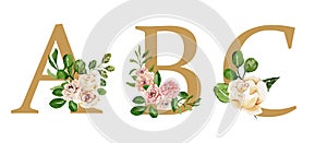Beautiful festive golden alphabet with watercolor flowers, wedding letters, decorative font