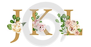 Beautiful festive golden alphabet with watercolor flowers, wedding letters, decorative font