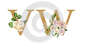 Beautiful festive golden alphabet with watercolor flowers, wedding letters, decorative font