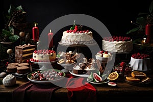 beautiful and festive holiday dessert table, with a variety of sweet treats to choose from