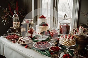 beautiful and festive holiday dessert table, with a variety of sweet treats to choose from