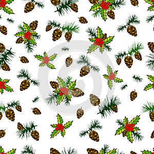 Beautiful festive seamless background, cones, pine branches, hol