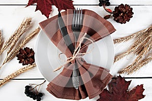 Beautiful festive table setting for Thanksgiving. Autumn concept.