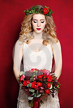 Beautiful Fiancee in White Dress and Flowers on Red