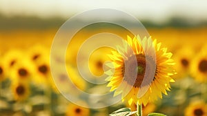 Beautiful field of blooming sunflowers against sunset. Generative AI