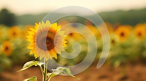 Beautiful field of blooming sunflowers against sunset. Generative AI