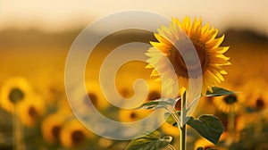 Beautiful field of blooming sunflowers against sunset. Generative AI