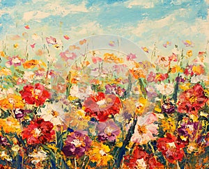 Beautiful field flowers on canvas. Field warm flowers. Impasto