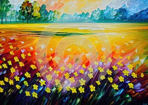 Beautiful field flowers colorful oil knife painting