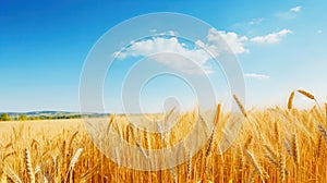 Beautiful field of ripe wheat of golden color against blurred background of blue sky.