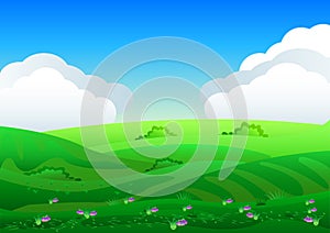 Beautiful fields landscape with a dawn, green hills, bright color blue sky, background in flat cartoon style.