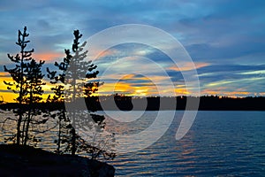Beautiful fiery sunset. Lake Keret, Northern Karelia, Russia