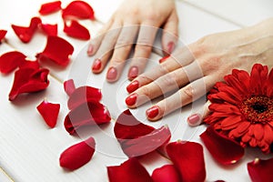 beautiful finger nails with red nail polish and petals