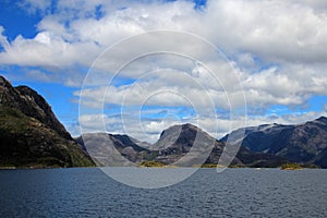 Beautiful fiord with mountains in the Bernardo O`Higgins National Park, Chile photo