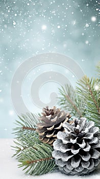 Beautiful fir tree and christmas decor on snow