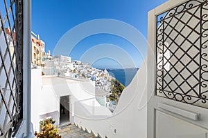 Beautiful Fira, Oia town on Santorini island, Greece. White luxury hotels and houses for summer vacation and holiday destination